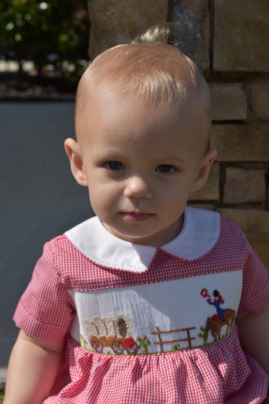 Cowboys Smocked Gingham Short Sleeve Boys Bubble